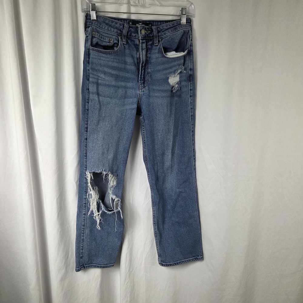 Hollister Jeans Juniors 3S Blue High Rise Straight Distressed Stretch Denim